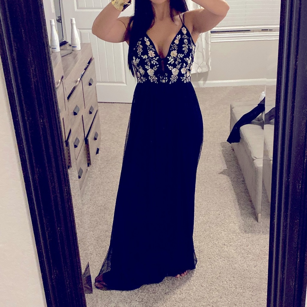 Navy prom dress with embroidery